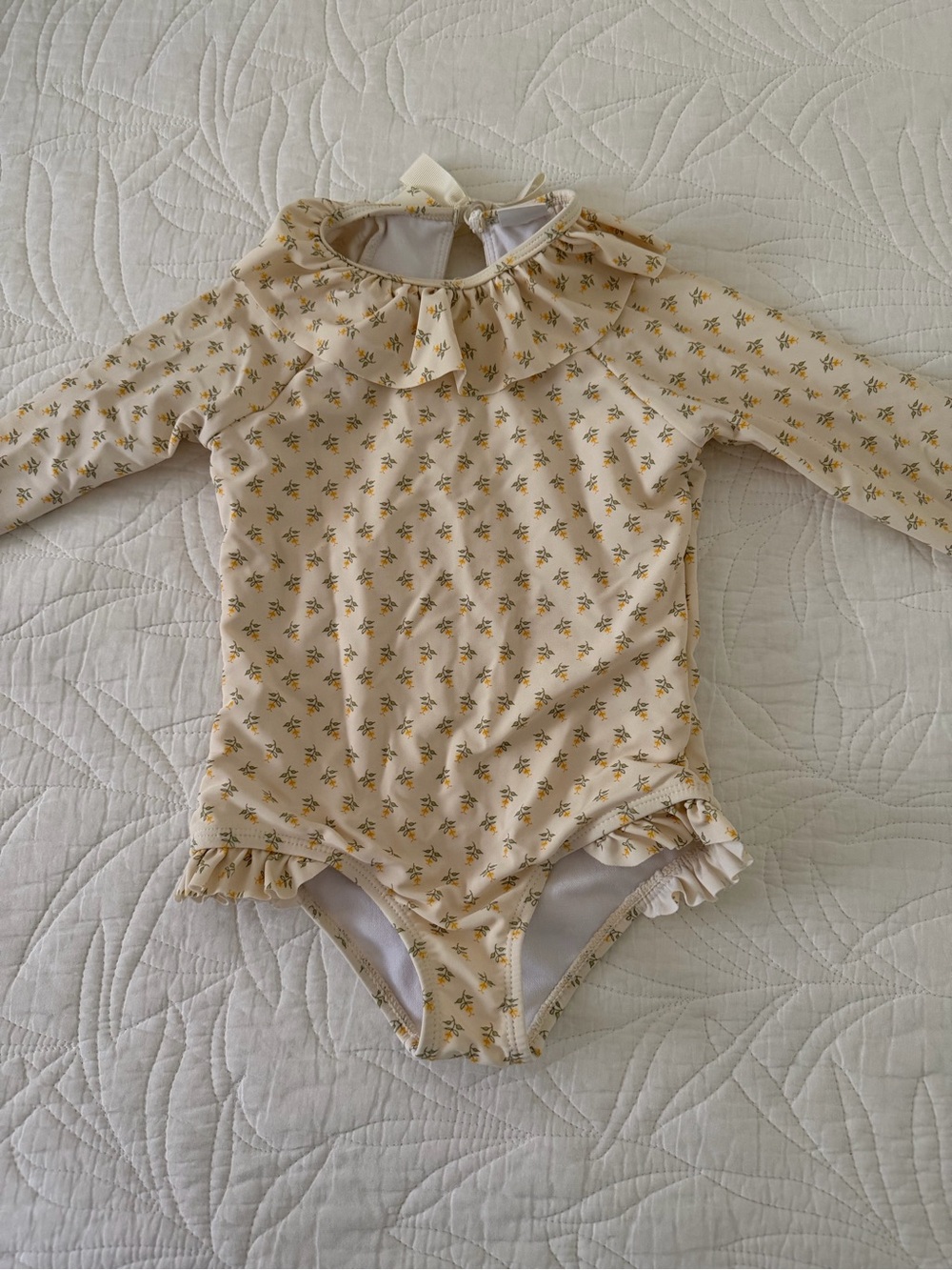 Edgehill Collection Cream and Yellow Floral Ruffle Long-Sleeve One-Piece
